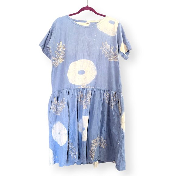 Artisan handmade Indonesia blue white floral geometric tie dye pocket dress OS - Picture 3 of 7